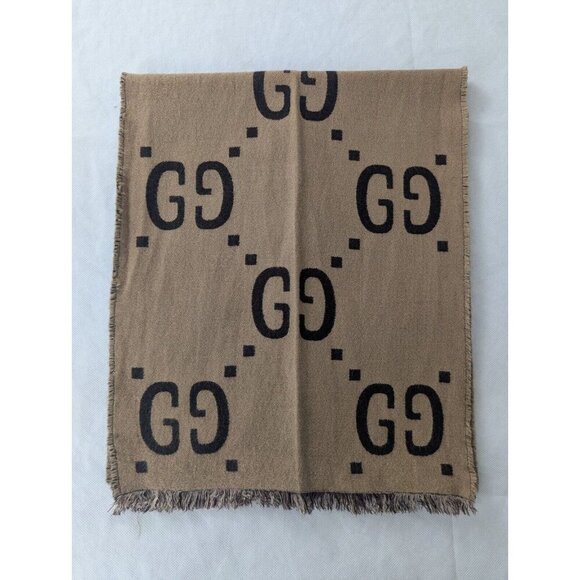 Gucci Jacquard GG Monogram Pattern Wool Silk Scarf Brown/Beige Made in Italy. - Picture 4 of 6